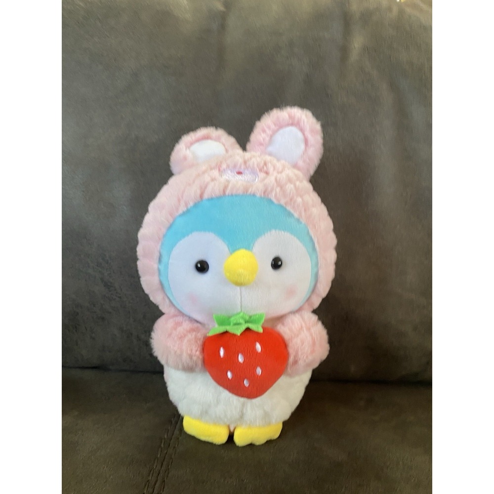 EUC Kawaii Penguin Plush In Bunny Rabbit Costume 9" Strawberry Gift Halloween
